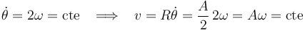 
\dot{\theta}=2\omega=\mathrm{cte}\,\,\,\,\,\Longrightarrow\,\,\,\,\, v=R\dot{\theta}=\frac{A}{2}\,2\omega=A\omega=\mathrm{cte}
