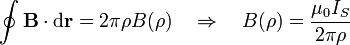 \oint\mathbf{B}\cdot \mathrm{d}\mathbf{r}  = 2\pi\rho B(\rho) \quad\Rightarrow\quad B(\rho) = \frac{\mu_0 I_S}{2\pi\rho}