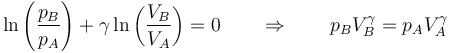 \ln\left(\frac{p_B}{p_A}\right)+\gamma\ln\left(\frac{V_B}{V_A}\right)=0\qquad\Rightarrow\qquad p_BV_B^\gamma = p_A V_A^\gamma