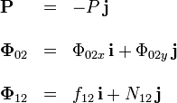 
\left.
\begin{array}{lcl}
  \mathbf{P} &=& -P\,\mathbf{j}\\ &&\\
  \mathbf{\Phi}_{02} &=& \Phi_{02x}\,\mathbf{i} + \Phi_{02y}\,\mathbf{j}\\ &&\\
  \mathbf{\Phi}_{12} &=& f_{12}\,\mathbf{i} + N_{12}\,\mathbf{j}
\end{array}
\right.
