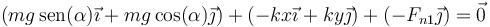 \left(mg\,\mathrm{sen}(\alpha)\vec{\imath}+mg\cos(\alpha)\vec{\jmath}\right)+\left(-kx\vec{\imath}+ky\vec{\jmath}\right)+\left(-F_{n1}\vec{\jmath}\right)=\vec{0}