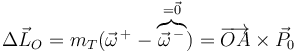 \Delta \vec{L}_O=m_T(\vec{\omega}^{\,+}-\overbrace{\vec{\omega}^{\,-}}^{=\vec{0}})=\overrightarrow{OA}\times\vec{P}_0