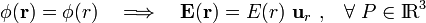 \phi(\mathbf{r})=\phi(r)\quad \Longrightarrow\quad \mathbf{E}(\mathbf{r})=E(r)\ \mathbf{u}_r\ \mathrm{,}\quad\forall\ P\in \mathrm{I}\!\mathrm{R}^3