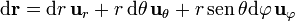 \mathrm{d}\mathbf{r} = \mathrm{d}r\,\mathbf{u}_r + r\,\mathrm{d}\theta\,\mathbf{u}_\theta + r\,\mathrm{sen}\,\theta\mathrm{d}\varphi\,\mathbf{u}_\varphi