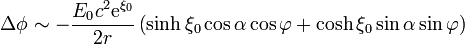 \Delta\phi\sim -\frac{E_0c^2\mathrm{e}^{\xi_0}}{2r}\left(\sinh\xi_0\cos\alpha\cos\varphi+\cosh\xi_0\sin\alpha\sin\varphi\right)