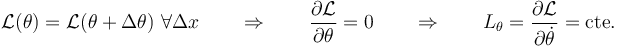 \mathcal{L}(\theta)=\mathcal{L}(\theta+\Delta \theta)\ \forall \Delta x\qquad\Rightarrow\qquad \frac{\partial\mathcal{L}}{\partial  \theta}=0\qquad\Rightarrow\qquad L_\theta=\frac{\partial\mathcal{L}}{\partial\dot{\theta}}=\mathrm{cte.}