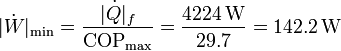 |\dot{W}|_\mathrm{min}=\frac{|\dot{Q}|_f}{\mathrm{COP}_\mathrm{max}}=\frac{4224\,\mathrm{W}}{29.7}=142.2\,\mathrm{W}