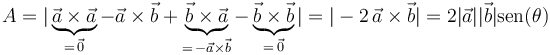 
A=|\underbrace{\vec{a}\times\vec{a}}_{=\,\vec{0}}-\vec{a}\times\vec{b}+\underbrace{\vec{b}\times\vec{a}}_{=\,-\vec{a}\times\vec{b}}-\underbrace{\vec{b}\times\vec{b}}_{=\,\vec{0}}|=|-2\,\vec{a}\times\vec{b}|=2|\vec{a}||\vec{b}|\mathrm{sen}(\theta)
