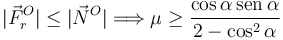 
|\vec{F}^O_r|\leq|\vec{N}^O| 
\Longrightarrow
\mu  \geq \dfrac{\cos\alpha\,\mathrm{sen}\,\alpha}{2-\cos^2\alpha}

