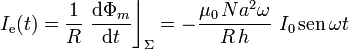 I_\mathrm{e}(t)=\frac{1}{R}\ \frac{\mathrm{d}\Phi_m}{\mathrm{d}t}\bigg\rfloor_\Sigma=-\frac{\mu_0\!\ Na^2\omega}{R\!\ h}\ I_0\,\mathrm{sen}\,\omega t