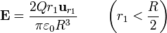 \mathbf{E}=\frac{2Q r_1\mathbf{u}_{r_1}}{\pi\varepsilon_0 R^3}\qquad\left(r_1< \frac{R}{2}\right)