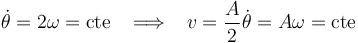 
\dot{\theta}=2\omega=\mathrm{cte}\,\,\,\,\,\Longrightarrow\,\,\,\,\, v=\frac{A}{2}\dot{\theta}=A\omega=\mathrm{cte}
