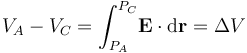 V_A-V_C=\int_{P_A}^{P_C}\!\mathbf{E}\cdot\mathrm{d}\mathbf{r}=\Delta V