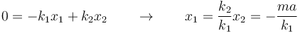 0=-k_1x_1+k_2x_2\qquad\rightarrow\qquad x_1 = \frac{k_2}{k_1}x_2 = -\frac{ma}{k_1}