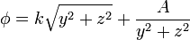 \phi = k\sqrt{y^2+z^2} + \frac{A}{y^2+z^2}