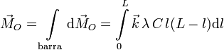 
\vec{M}_O = \int\limits_{\mathrm{barra}}\mathrm{d}\vec{M}_O=
\int\limits_0^L\vec{k}\,\lambda\,C\,l(L-l)\mathrm{d}l
