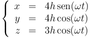 \left\{\begin{array}{rcl}x & = & 4h\,\mathrm{sen}(\omega t) \\ y & = & 4h\cos(\omega t) \\ z & = & 3h\cos(\omega t)\end{array}\right.