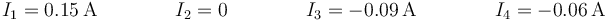 I_1=0.15\,\mathrm{A}\qquad\qquad I_2=0\qquad \qquad I_3=-0.09\,\mathrm{A}\qquad\qquad I_4=-0.06\,\mathrm{A}