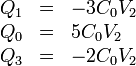 \begin{array}{rcl}
Q_1 & = & -3C_0V_2 \\
Q_0 & = & 5C_0V_2 \\
Q_3 & = & -2C_0V_2
\end{array}