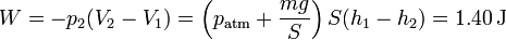 W = -p_2(V_2-V_1) = \left(p_\mathrm{atm}+\frac{mg}{S}\right)S(h_1-h_2) = 1.40\,\mathrm{J}