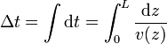 \Delta t = \int \mathrm{d}t=\int_0^L\frac{\mathrm{d}z}{v(z)}