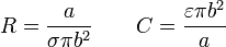 R=\frac{a}{\sigma\pi b^2}\qquad C=\frac{\varepsilon\pi b^2}{a}