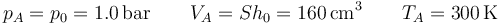 p_A = p_0 = 1.0\,\mathrm{bar}\qquad V_A = S h_0 = 160\,\mathrm{cm}^3\qquad T_A = 300\,\mathrm{K}