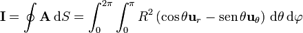 \mathbf{I} = \oint \mathbf{A}\,\mathrm{d}S=\int_0^{2\pi}\int_0^\pi R^2\left(\cos\theta\mathbf{u}_{r}-\mathrm{sen}
\,\theta\mathbf{u}_{\theta}\right)\,\mathrm{d}\theta\,\mathrm{d}\varphi