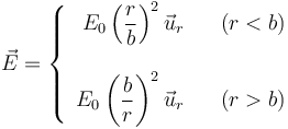 \vec{E}=\left\{\begin{array}{rcc}E_0 \left(\dfrac{r}{b}\right)^2 \vec{u}_r& &(r<b)\\ && \\ E_0 \left(\dfrac{b}{r}\right)^2 \vec{u}_r& &(r>b)\end{array}\right.