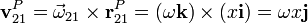 \mathbf{v}^P_{21}=\vec{\omega}_{21}\times\mathbf{r}^P_{21}=(\omega\mathbf{k})\times(x\mathbf{i})=\omega x\mathbf{j}