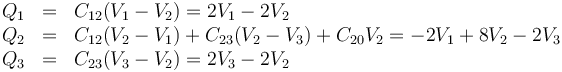 \begin{array}{rcl}
Q_1 & = & C_{12}(V_1-V_2) = 2V_1-2V_2 \\
Q_2 & = & C_{12}(V_2-V_1) +C_{23}(V_2-V_3)+C_{20}V_2= -2V_1+8V_2-2V_3 \\
Q_3 & = & C_{23}(V_3-V_2) = 2V_3-2V_2
\end{array}