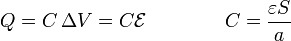 Q = C\,\Delta V = C\mathcal{E}\qquad \qquad C = \frac{\varepsilon S}{a}