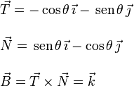 
  \begin{array}{l}
    \vec{T} = -\cos\theta\,\vec{\imath} - \,\mathrm{sen}\,\theta\,\vec{\jmath}\\ \\ 
    \vec{N} = \,\mathrm{sen}\,\theta\,\vec{\imath} - \cos\theta\,\vec{\jmath}\\ \\
    \vec{B} = \vec{T}\times\vec{N} = \vec{k}
  \end{array}
