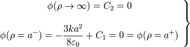 \left.\begin{array}{c}\phi(\rho\rightarrow\infty)=C_2=0\\ \\
\displaystyle\phi(\rho=a^-)=-\frac{3ka^2}{8\varepsilon_0}+C_1=0=\phi(\rho=a^+)\end{array}\right\}