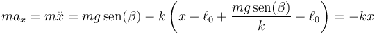 ma_x = m\ddot{x}=mg\,\mathrm{sen}(\beta)-k\left(x+ \ell_0+ \frac{mg\,\mathrm{sen}(\beta)}{k}-\ell_0\right) = -kx