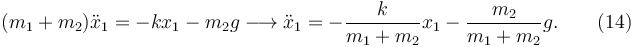 
(m_1+m_2) \ddot{x}_1 = -kx_1 - m_2g
\longrightarrow
\ddot{x}_1 = -\dfrac{k}{m_1+m_2}x_1 - \dfrac{m_2}{m_1+m_2}g. \qquad (14)
