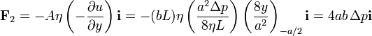 \mathbf{F}_2 = -A\eta\left(-\frac{\partial u}{\partial y}\right)\mathbf{i}=-(bL)\eta \left(\frac{a^2\Delta p}{8\eta L}\right)\left(\frac{8y}{a^2}\right)_{-a/2}\mathbf{i}=4ab\,\Delta p \mathbf{i}