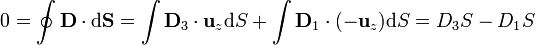 0 = \oint \mathbf{D}\cdot\mathrm{d}\mathbf{S} = \int \mathbf{D}_3\cdot\mathbf{u}_z\mathrm{d}S+\int \mathbf{D}_1\cdot(-\mathbf{u}_z)\mathrm{d}S=D_3S-D_1S