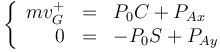 \left\{\begin{array}{rcl}mv_G^+&=&P_0C+P_{Ax}\\ 0&=&-P_0S+P_{Ay}\end{array}\right.