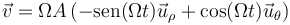 \vec{v}=\Omega A\left(-\mathrm{sen}(\Omega t)\vec{u}_\rho+\cos(\Omega t)\vec{u}_\theta\right)