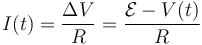 I(t) = \frac{\Delta V}{R}=\frac{\mathcal{E}-V(t)}{R}