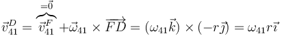 \vec{v}^D_{41}=\overbrace{\vec{v}^F_{41}}^{=\vec{0}}+\vec{\omega}_{41}\times\overrightarrow{FD}=(\omega_{41}\vec{k})\times(-r\vec{\jmath})=\omega_{41}r\vec{\imath}