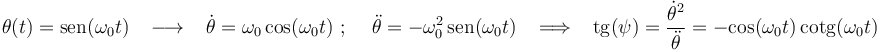 \theta(t)=\mathrm{sen}(\omega_0 t)\,\,\,\,\,\longrightarrow\,\,\,\,\,\dot{\theta}=\omega_0\,\mathrm{cos}(\omega_0 t)\,\,;\,\,\,\,\,\,\,\ddot{\theta}=-\omega_0^2\,\mathrm{sen}(\omega_0 t)\,\,\,\,\,\Longrightarrow\,\,\,\,\,\mathrm{tg}(\psi)=\frac{\dot{\theta}^2}{\ddot{\theta}}=-\mathrm{cos}(\omega_0 t)\,\mathrm{cotg}(\omega_0 t)