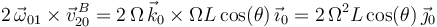 
2\,\vec{\omega}_{01}\times\vec{v}^{\, B}_{20}=2\,\Omega\,\vec{k}_0\times \Omega L\,\mathrm{cos}(\theta)\,\vec{\imath}_0=2\,\Omega^2 L\,\mathrm{cos}(\theta)\,\vec{\jmath}_0
