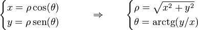 \begin{cases}
x = \rho\cos(\theta) & \\
y = \rho\,\mathrm{sen}(\theta) & \end{cases}\qquad\Rightarrow\qquad
\begin{cases}\rho = \sqrt{x^2+y^2} & \\ \theta=\mathrm{arctg}(y/x)\end{cases}