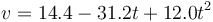 v = 14.4-31.2t+12.0t^2\,