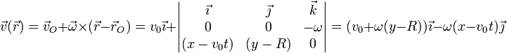 \vec{v}(\vec{r})=\vec{v}_O+\vec{\omega}\times(\vec{r}-\vec{r}_O)=v_0\vec{\imath}+\left|\begin{matrix}\vec{\imath} & \vec{\jmath} & \vec{k} \\ 0 & 0 & -\omega \\ (x-v_0t) & (y-R) & 0\end{matrix}\right|=(v_0+\omega(y-R))\vec{\imath} - \omega(x-v_0t)\vec{\jmath}