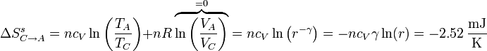 \Delta S^s_{C\to A} = n c_V\ln\left(\frac{T_A}{T_C}\right)+nR\overbrace{\ln\left(\frac{V_A}{V_C}\right)}^{=0}=nc_V\ln\left(r^{-\gamma}\right) = -nc_V\gamma \ln(r)= -2.52\,\frac{\mathrm{mJ}}{\mathrm{K}}