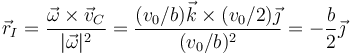 \vec{r}_I = \frac{\vec{\omega}\times\vec{v}_C}{|\vec{\omega}|^2} = \frac{(v_0/b)\vec{k}\times(v_0/2)\vec{\jmath}}{(v_0/b)^2}=-\frac{b}{2}\vec{\jmath}