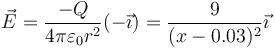 \vec{E}=\frac{-Q}{4\pi\varepsilon_0 r^2}(-\vec{\imath})= \frac{9}{(x-0.03)^2}\vec{\imath}